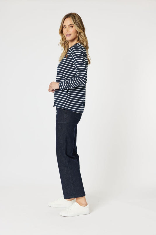 Gordon Smith Womens Stripe Badge Long Sleeve Tee - Navy/White