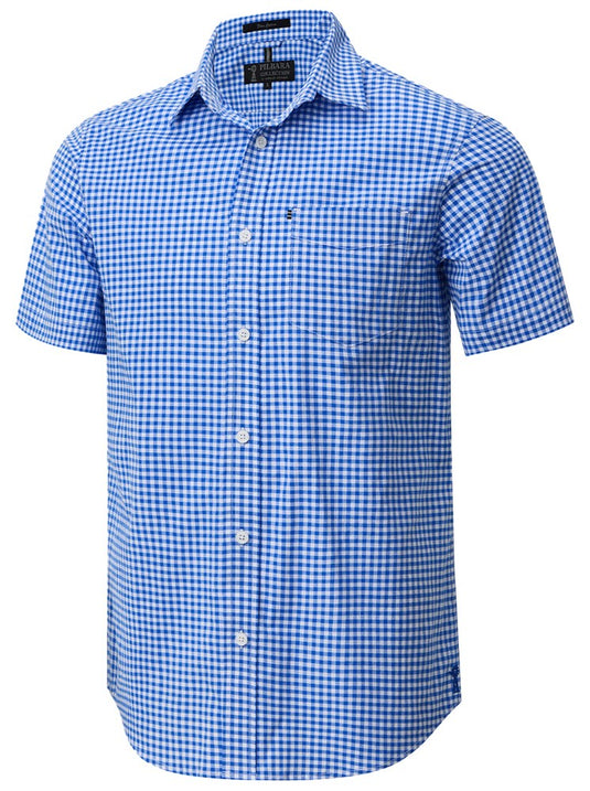 Pilbara Mens Short Sleeve Gingham Shirt - Blue/White
