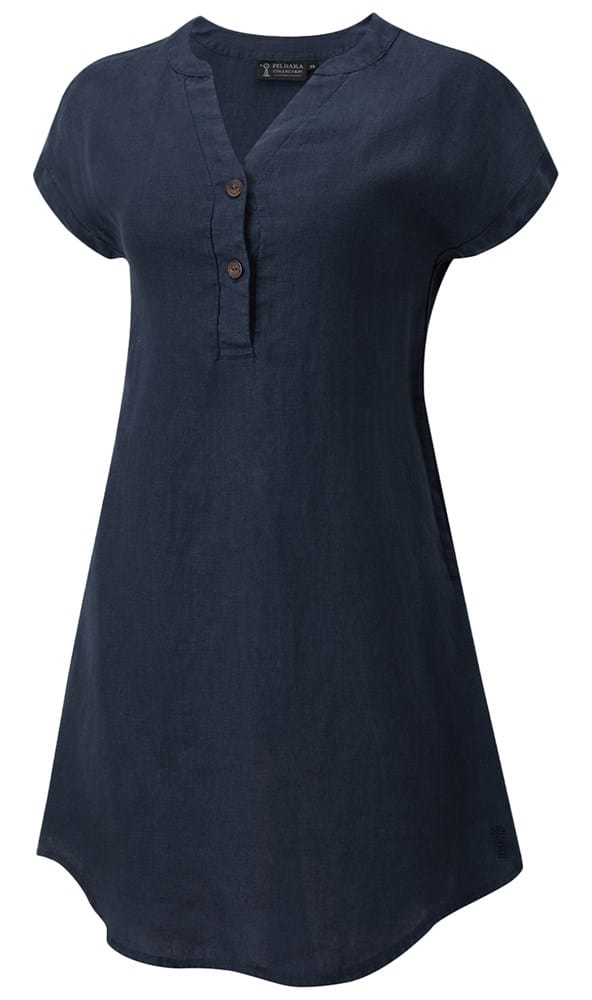 Load image into Gallery viewer, Pilbara Womens Alina Cap Sleeve Linen Dress - Navy
