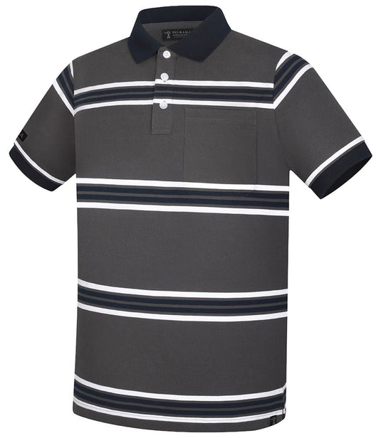 Pilbara Mens Striped Pocket Polo - Charcoal/White/Navy