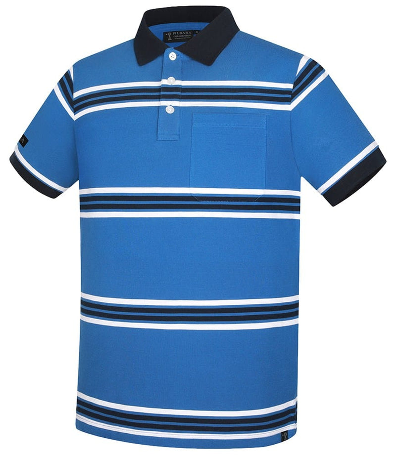 Load image into Gallery viewer, Pilbara Mens Striped Pocket Polo - Deep Blue/White/Navy
