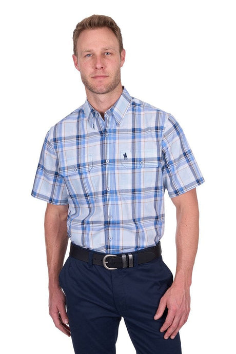 Thomas Cook Mens Brain Check 2-Pocket Short Sleeve Shirt - Blue/Tan