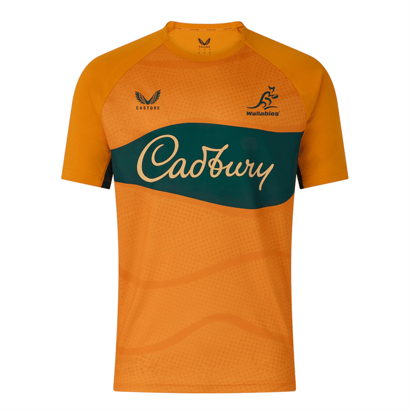 Load image into Gallery viewer, Castore Mens Wallabies Pre Match Short Sleeve Tee - Gold/Green

