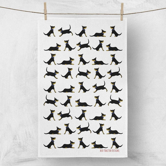 Red Tractor Linen Tea Towel - Black and Tan Kelpies on White
