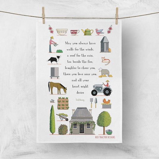 Red Tractor Linen Tea Towel - A Happy Life