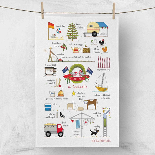 Red Tractor Linen Tea Towel - Christmas In Australia