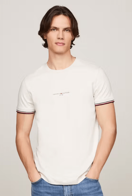 Load image into Gallery viewer, Tommy Hilfiger Mens Logo Slim Fit Tipped Tee Heathered Oatmilk
