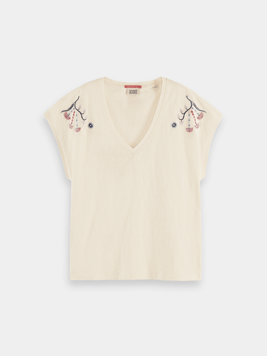 Scotch & Soda Womens Embroidered V-neck T-shirt