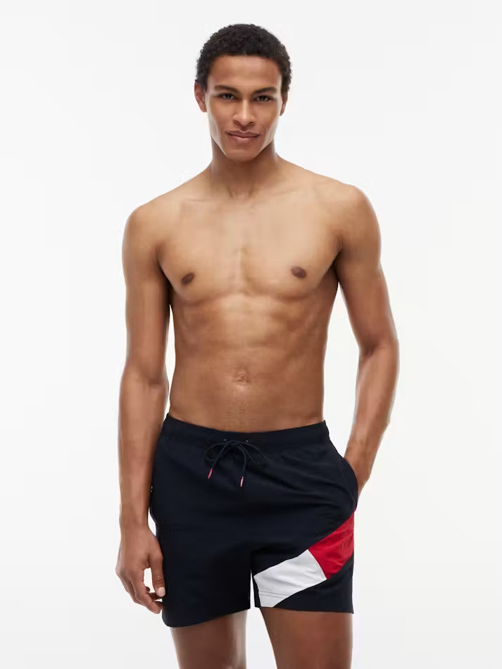 Load image into Gallery viewer, Tommy Hilfiger Mens Flag Drawstring Mid Length Slim Fit Swim Shorts
