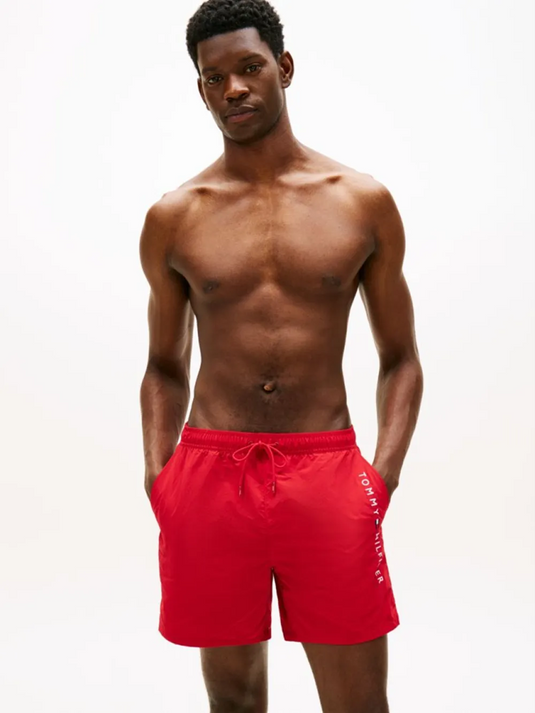 Tommy Hilfiger Mens Original Logo Mid Length Swim Shorts - Medium Red