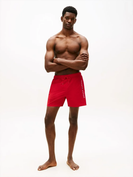 Tommy Hilfiger Mens Original Logo Mid Length Swim Shorts - Medium Red