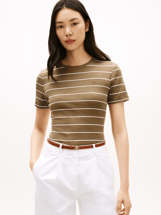 Tommy Hilfiger Womens Cody Slim Crew Neck T-Shirt - Mideterranean Olive/Ecru Stripe