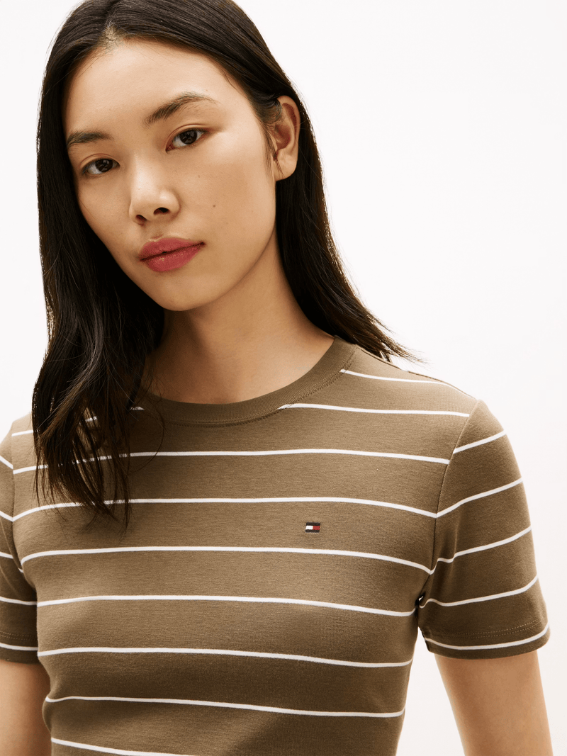 Load image into Gallery viewer, Tommy Hilfiger Womens Cody Slim Crew Neck T-Shirt - Mideterranean Olive/Ecru Stripe
