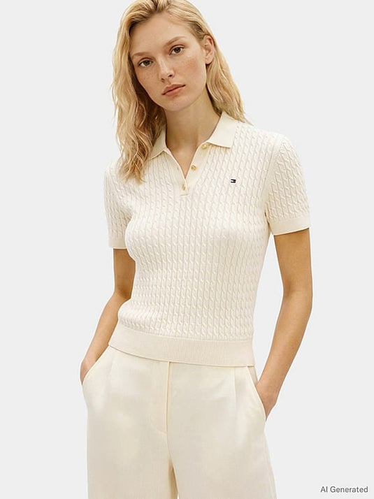 Tommy Hilfiger Womens Cable Knit Short Sleeve Polo Jumper