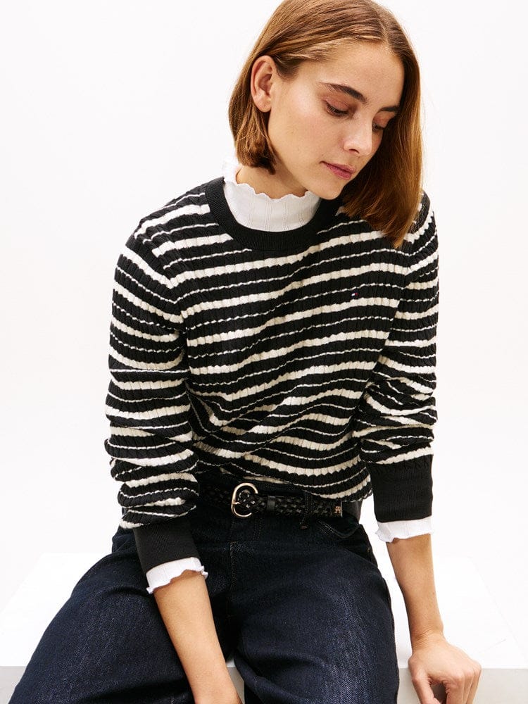 Load image into Gallery viewer, Tommy Hilfiger Womens Cotton Cable Crew Neck Black Striped Sweater

