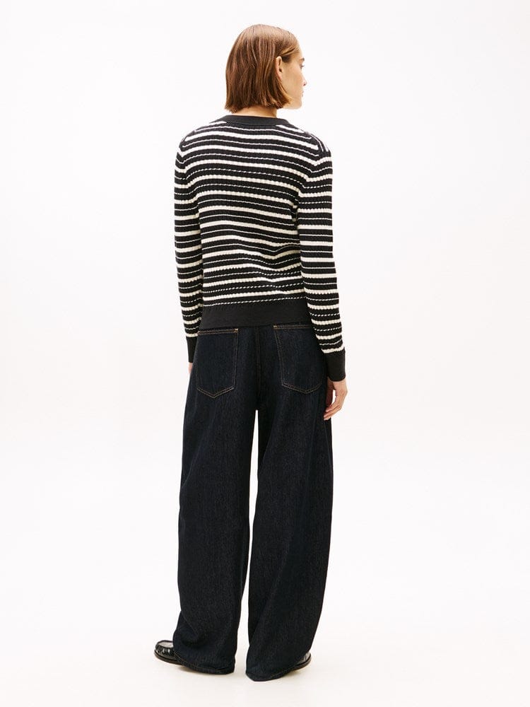 Load image into Gallery viewer, Tommy Hilfiger Womens Cotton Cable Crew Neck Black Striped Sweater
