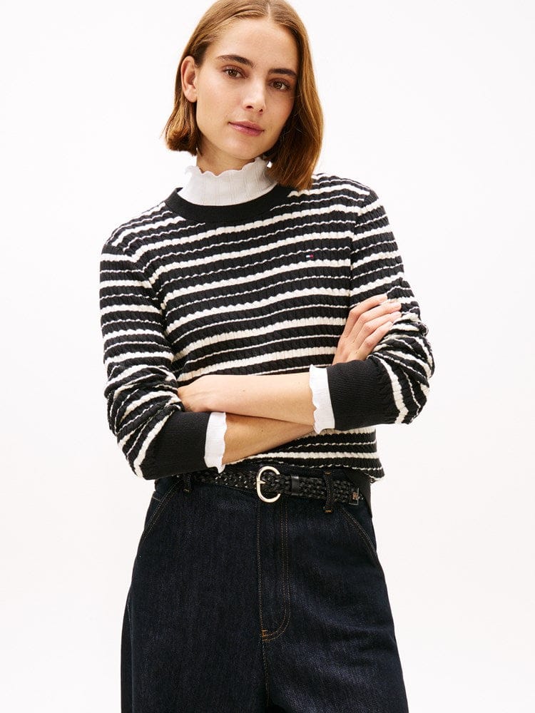 Load image into Gallery viewer, Tommy Hilfiger Womens Cotton Cable Crew Neck Black Striped Sweater
