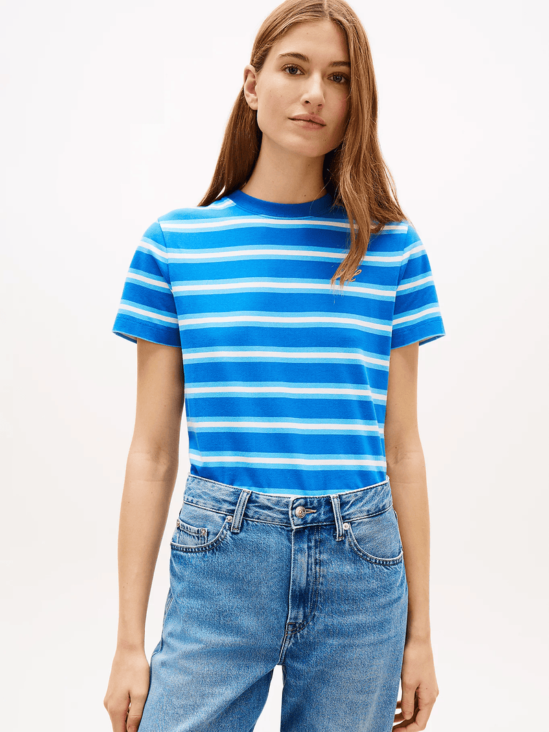 Load image into Gallery viewer, Tommy Hilfiger Womens Logo Embroidery Jersey Crew Neck T-Shirt - Preppy Stripe Blue Orbit / Frigid
