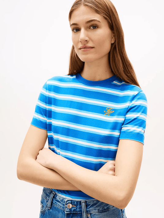 Tommy Hilfiger Womens Logo Embroidery Jersey Crew Neck T-Shirt - Preppy Stripe Blue Orbit / Frigid