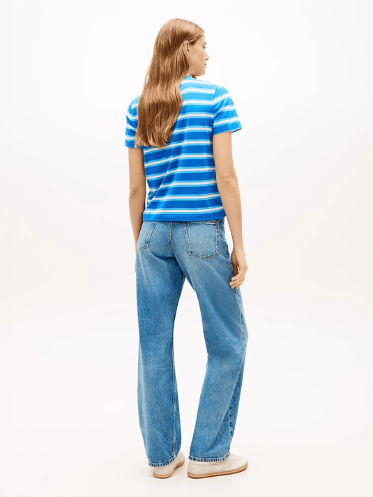 Tommy Hilfiger Womens Logo Embroidery Jersey Crew Neck T-Shirt - Preppy Stripe Blue Orbit / Frigid
