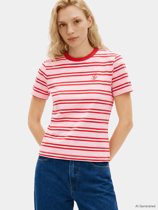 Tommy Hilfiger Womens Logo Embroidery Jersey Crew Neck T-Shirt - Preppy Stripe Bonita Pink Fireworks