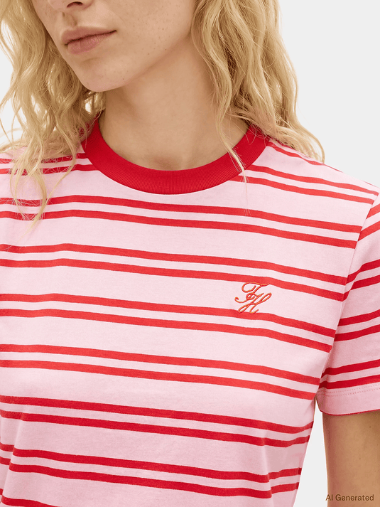 Tommy Hilfiger Womens Logo Embroidery Jersey Crew Neck T-Shirt - Preppy Stripe Bonita Pink Fireworks