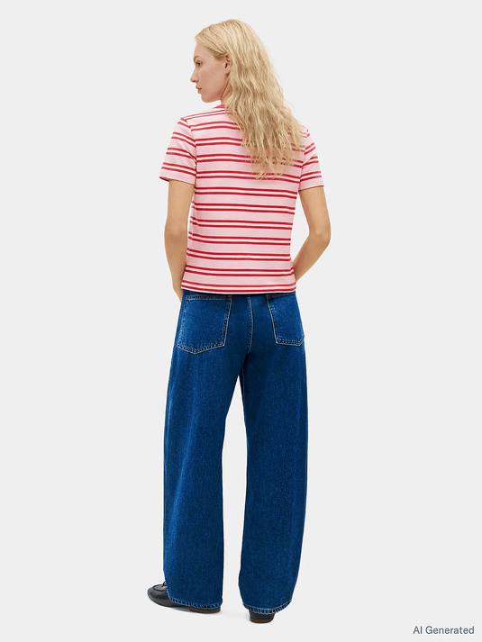 Tommy Hilfiger Womens Logo Embroidery Jersey Crew Neck T-Shirt - Preppy Stripe Bonita Pink Fireworks