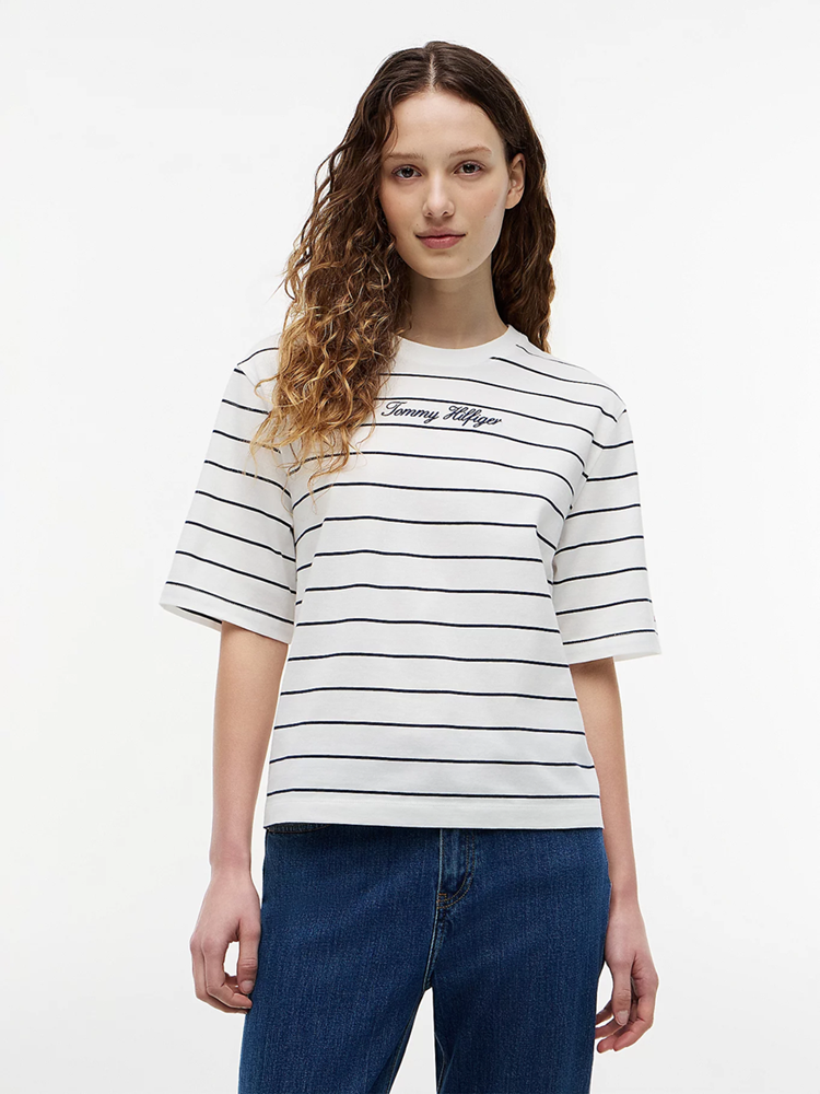 Load image into Gallery viewer, Tommy Hilfiger Womens Logo Embroidery Relaxed Crew Neck T-Shirt
