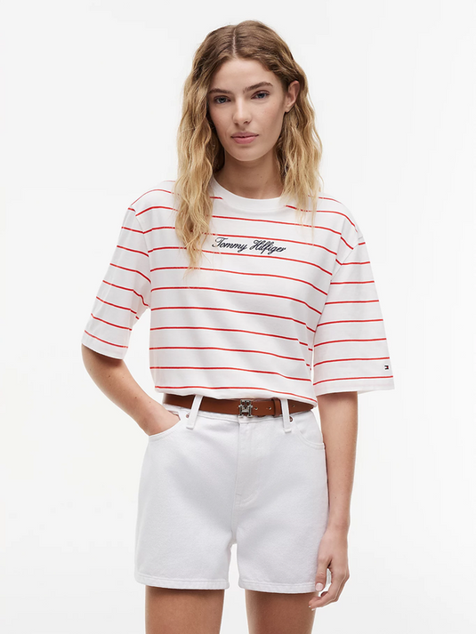 Tommy Hilfiger Womens Logo Embroidery Relaxed Crew Neck T-Shirt