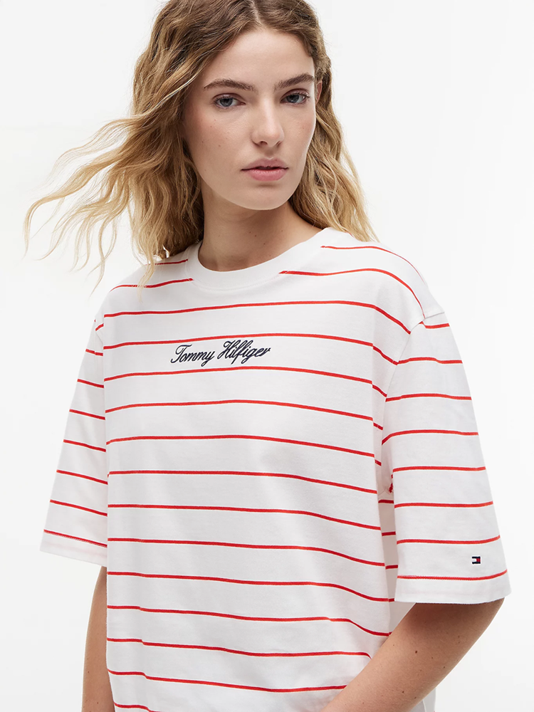 Load image into Gallery viewer, Tommy Hilfiger Womens Logo Embroidery Relaxed Crew Neck T-Shirt
