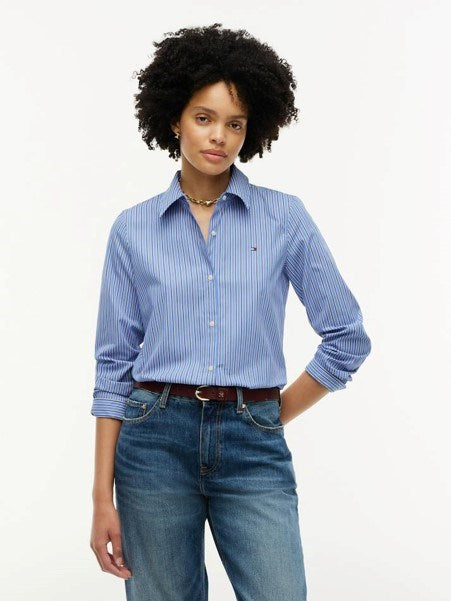 Tommy Hilfiger Womens Poplin Regular Fit Striped Shirt - New York Blue