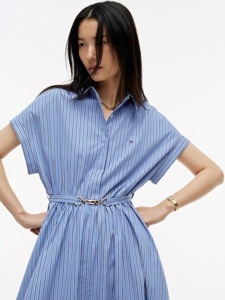 Tommy Hilfiger Womens Belted Slim Midi Shirt Dress - New York Blue