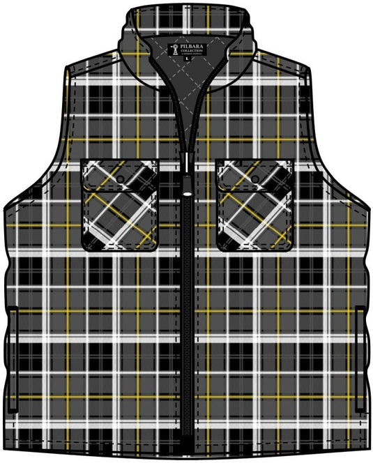 Pilbara Mens Flannelette Quilted Vest Zipper Front - Black/Grey/Yellow/White