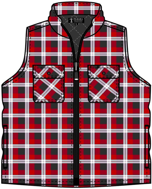 Pilbara Mens Flannelette Quilted Vest Zipper Front - Red/Charcoal/White