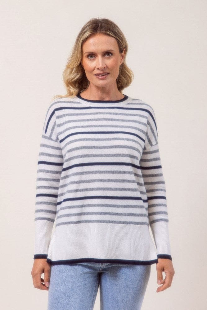 Load image into Gallery viewer, See Saw Womens 100% Merino Wool (Cashfeel) Stripe Sweater - White/Silver/Navy