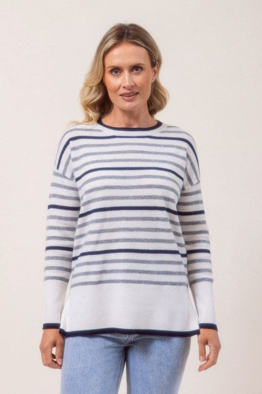 See Saw Womens 100% Merino Wool (Cashfeel) Stripe Sweater - White/Silver/Navy