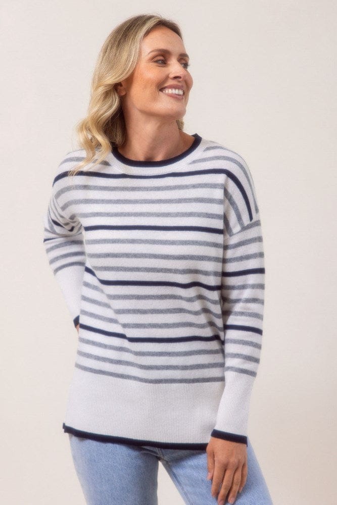 Load image into Gallery viewer, See Saw Womens 100% Merino Wool (Cashfeel) Stripe Sweater - White/Silver/Navy