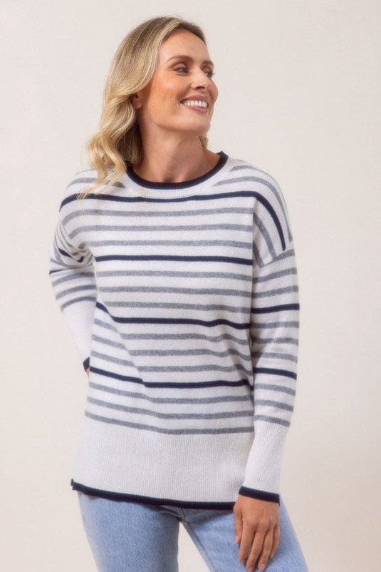 See Saw Womens 100% Merino Wool (Cashfeel) Stripe Sweater - White/Silver/Navy