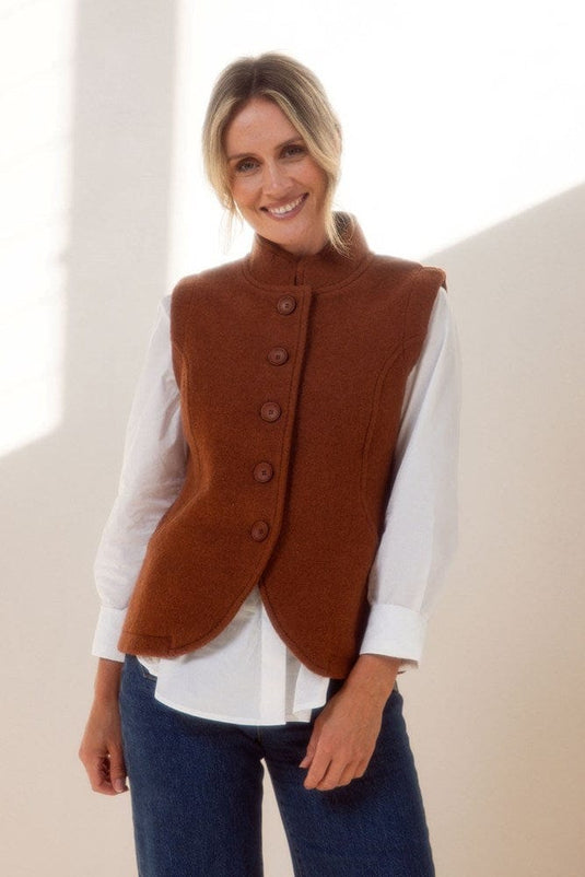 See Saw Womens 100% Boiled Wool High Collar Vest - Copper