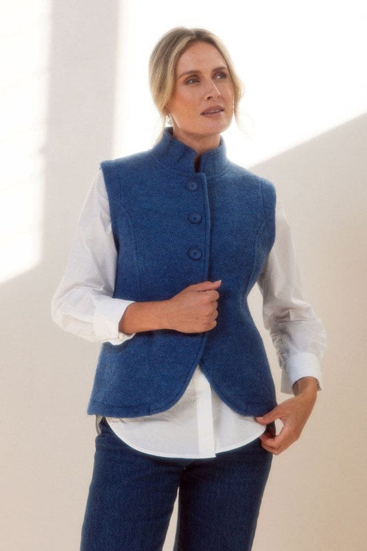 See Saw Womens 100% Boiled Wool High Collar Vest - Denim