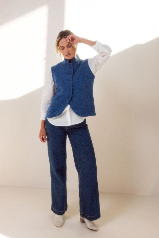 See Saw Womens 100% Boiled Wool High Collar Vest - Denim