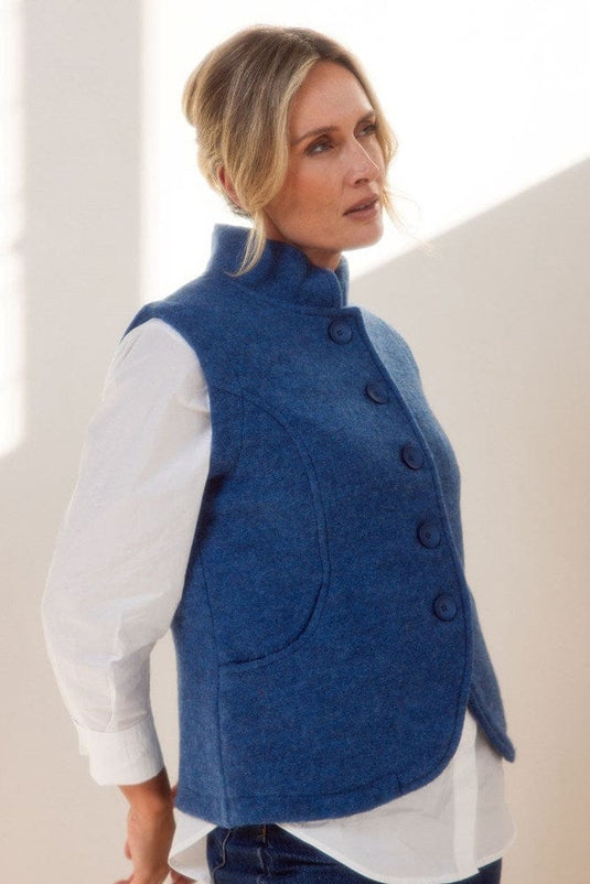 See Saw Womens 100% Boiled Wool High Collar Vest - Denim