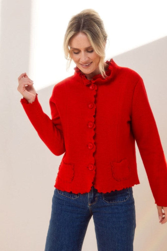 See Saw Womens 100% Boiled Wool Ruffle Trim Jacket - Red