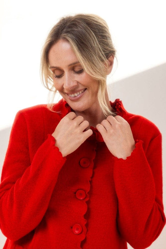 See Saw Womens 100% Boiled Wool Ruffle Trim Jacket - Red