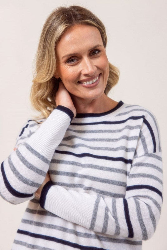 See Saw Womens 100% Merino Wool (Cashfeel) Stripe Sweater - White/Silver/Navy