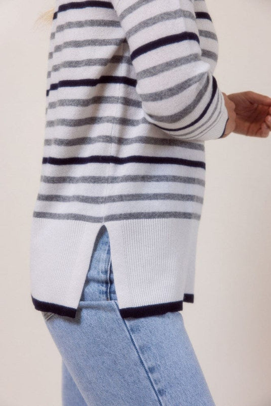 See Saw Womens 100% Merino Wool (Cashfeel) Stripe Sweater - White/Silver/Navy