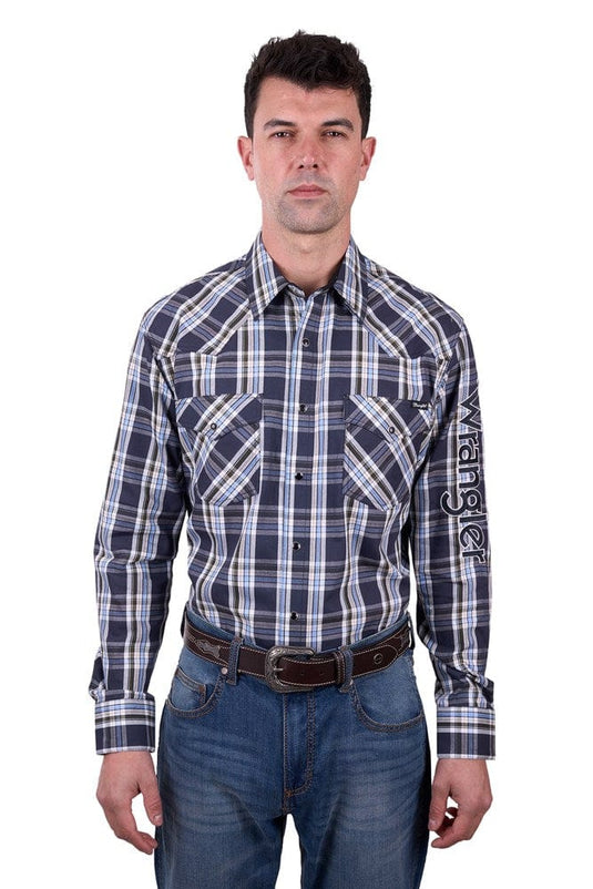 Wrangler Mens Finn Check Logo Western Long Sleeve Shirt