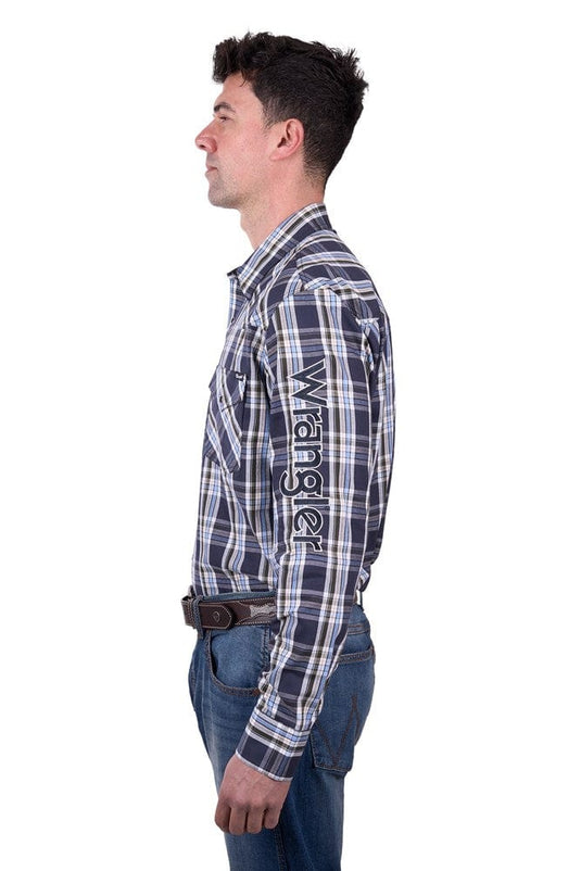 Wrangler Mens Finn Check Logo Western Long Sleeve Shirt