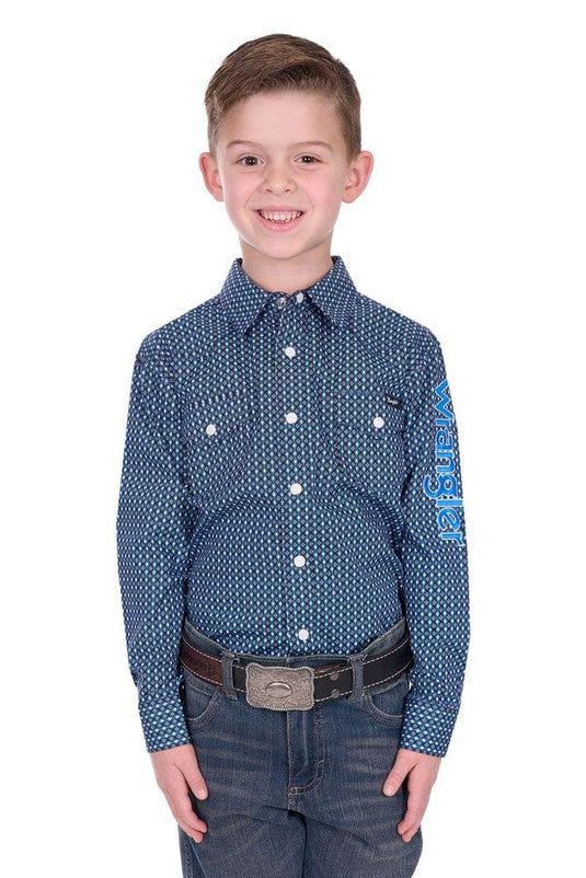 Wrangler Boy’s Kyle Print Logo Western Long Sleeve Shirt