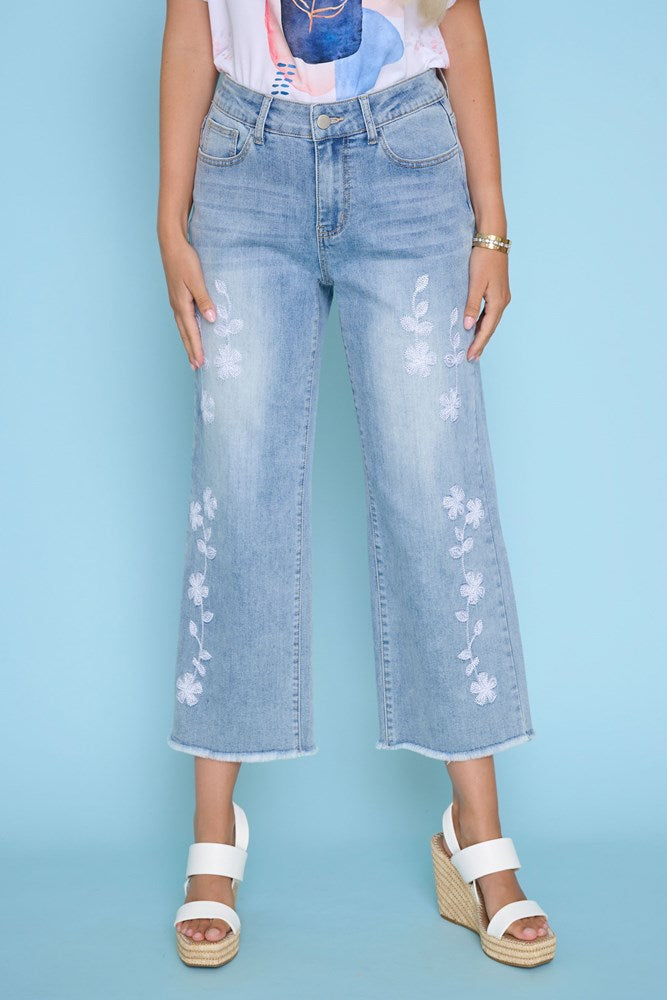 Load image into Gallery viewer, Picadilly Womens Wide Leg Cropped Jeans with Embroidery
